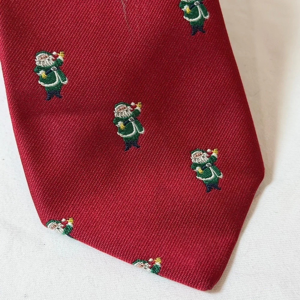 Robert Talbott Hand Sewn Christmas Santa Clause Embroidered Red Tie Green Motif